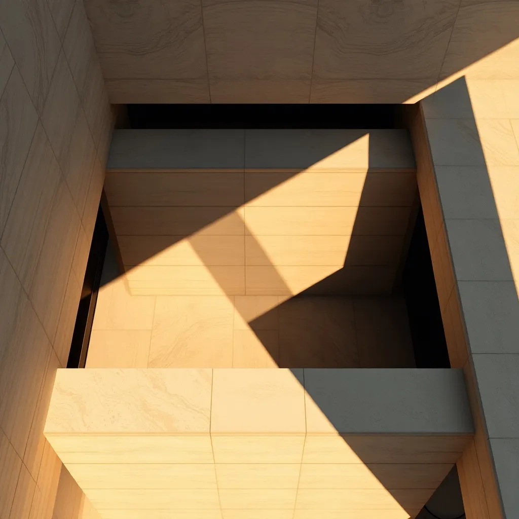 A high-angle architectural shot of a minimalist concrete bui